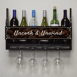 Coupon 😍 Bars Wall Mounted Wine Bottle & Glass Hanging Shelf W/ Uncork & Unwind Plaque ⭐ -BARS Sales Store customizable wall wine glass hanging shelf bottles glasses front corks 800x
