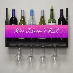 New 🌟 Bars CUSTOMIZABLE Wall Mounted Wine Bottle & Glass Hanging Shelf W/ Fun Pink Plaque 🔥 -BARS Sales Store customizable wall wine glass hanging shelf bottles glasses front miss 800x