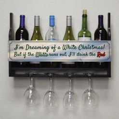 Buy 👏 Bars Wall Mounted Wine Bottle & Glass Hanging Shelf W/ White 🔔 Christmas Plaque 😍 -BARS Sales Store customizable wall wine glass hanging shelf bottles glasses front xmas 800x