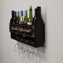 Coupon 😍 Bars Wall Mounted Wine Bottle & Glass Hanging Shelf W/ Uncork & Unwind Plaque ⭐ -BARS Sales Store customizable wall wine glass hanging shelf bottles glasses side corks 800x